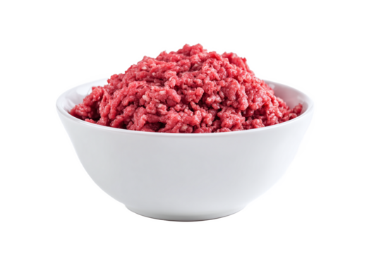 Raw Ground Meat in White Bowl, isolated on white transparent background.