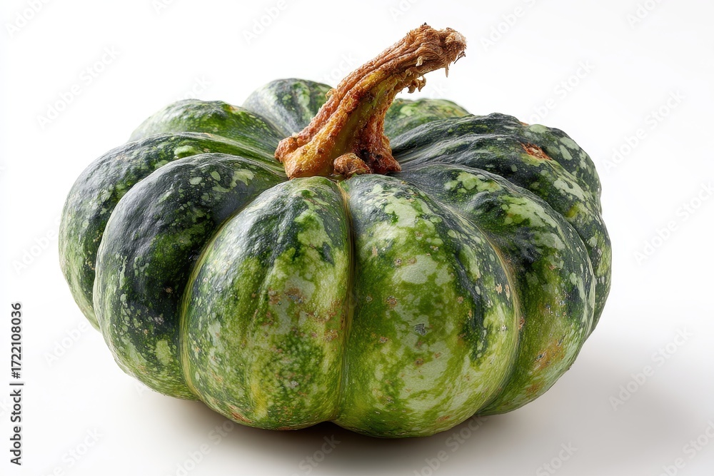 Poster japanese green pumpkin displayed on a plain white background showcasing its unique shape and colorat