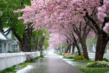 Pink blossoms falling on a rainy spring day