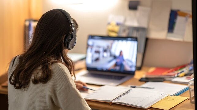 Female student taking notes during online lesson. Remote class setup with laptop, headphones, open notebook and study materials on tidy desk