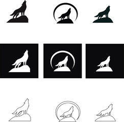 Howling wolf vector artwork set in silhouette, flat, and outline styles, perfect for tribal tattoos, wildlife posters, and outdoor branding projects.