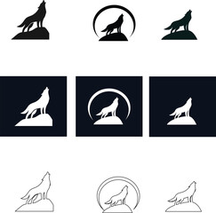 Wolf vector icon collection of howling wolves on a black background, designed in multiple styles, ideal for logo design, tattoos, and branding use.