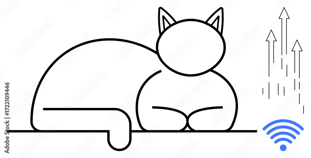 Aufkleber minimalist cat sketch resting alongside wireless connectivity and upward data arrows. ideal for tech