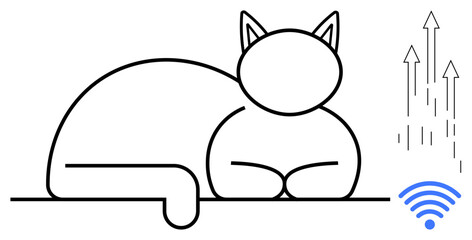 Minimalist cat sketch resting alongside wireless connectivity and upward data arrows. Ideal for technology, communication, pets, innovation, connection, simplicity, and digital transformation. Simple