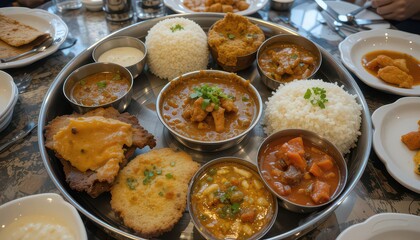 Delicious Indian Thali meal with curries, rice, and bread ready to enjoy at a vibrant restaurant, offering a flavorful culinary adventure
