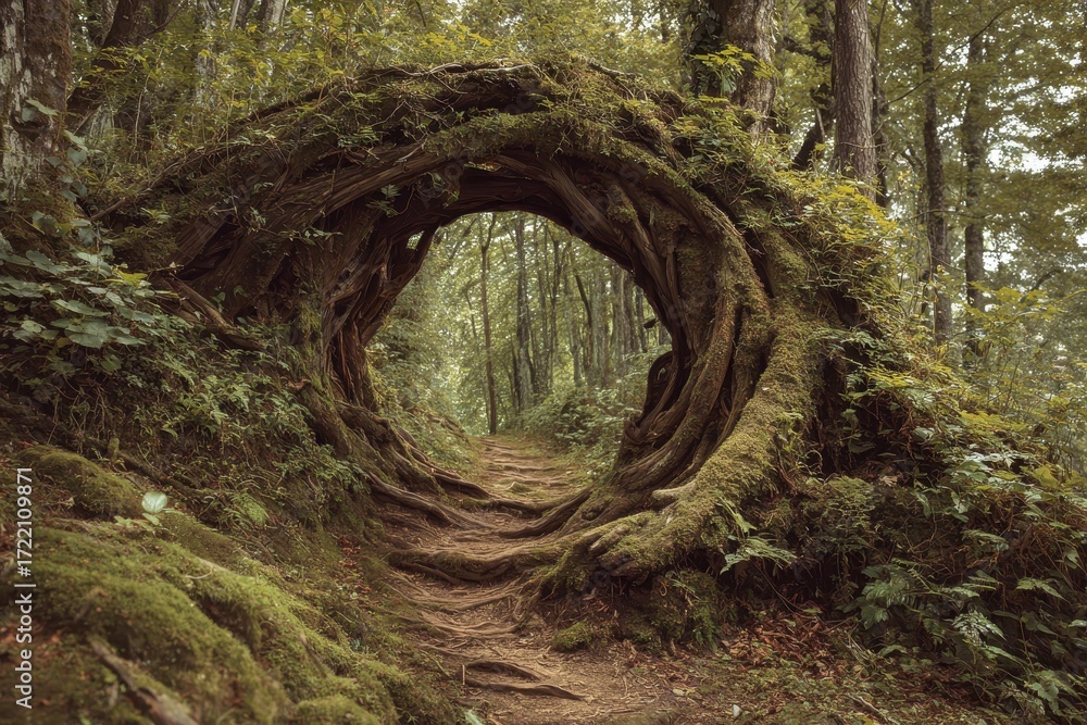 Poster natural archway formed by intertwining branches in a lush forest pathway creates a captivating entra