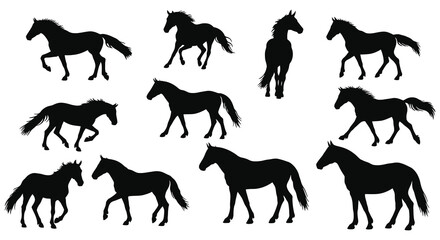 Collection of black horse silhouettes in various dynamic running poses