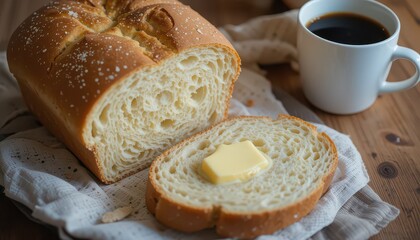 Warm homemade bread with melting butter and steaming coffee, perfect for a cozy breakfast or baking blog, creating a comforting and inviting scene