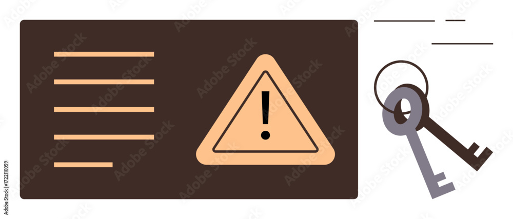 Poster warning sign within a triangle on a brown panel with text lines, emphasized security theme with side