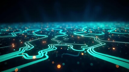 Abstract glowing digital network pathways illuminating a dark technological landscape. - Powered by Adobe