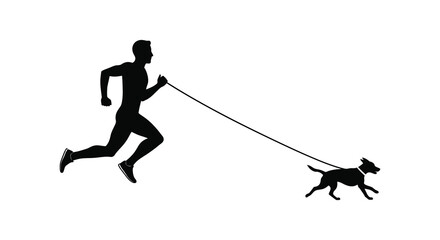 A silhouette of a man being pulled by his energetic dog