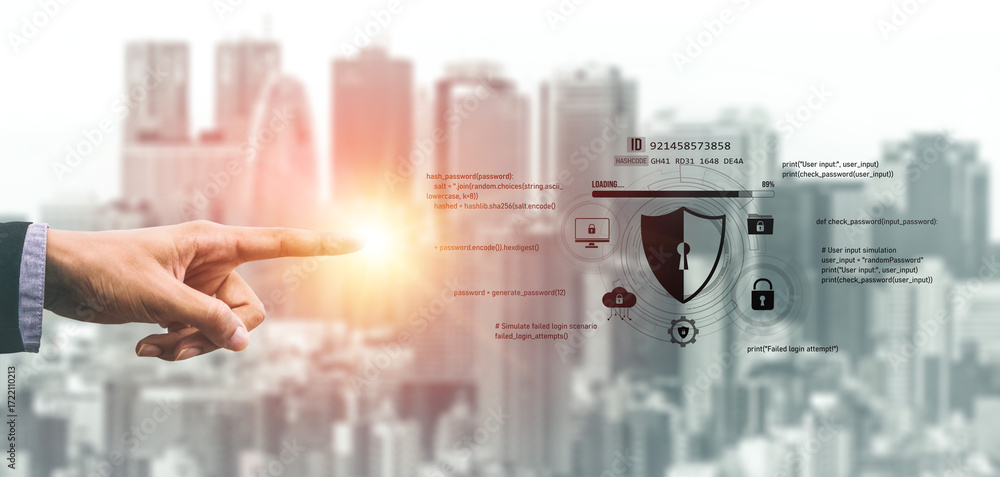 Poster cyber security protects against breaches, hacks, and network attacks using strong infrastructure and