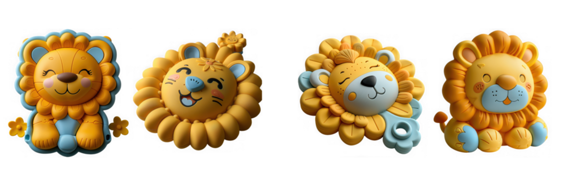 Four cute lion cubs with fluffy manes and playful expressions isolated on transparent background, ideal for childrens books or jungle themed designs