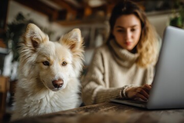 Woman works on laptop from home while enjoying the company of her dog in a cozy workspace filled with natural light