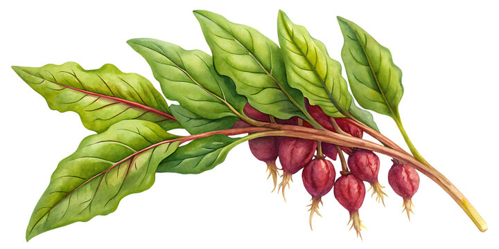 Watercolor illustration of a branch with ruby red orach berries and vibrant green leaves isolated on transparent background