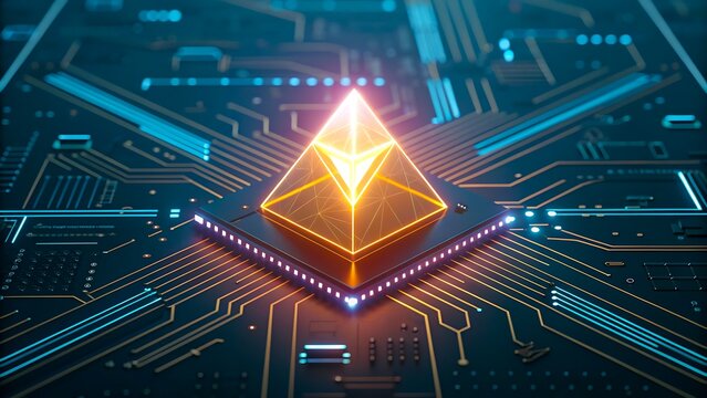 Glowing golden pyramid crystal on futuristic microchip circuit board technology background
