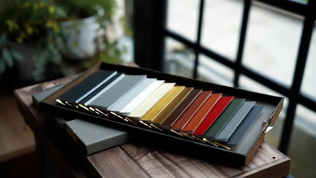 Vibrant collection of fabric swatches displayed on a wooden tray, illuminated by soft natural light, showcasing various textures and colors