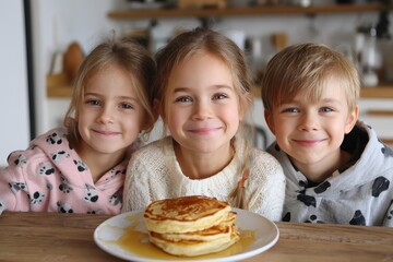 Happy siblings enjoying pancakes together in a cozy kitchen during breakfast time, creating cherished memories and laughter