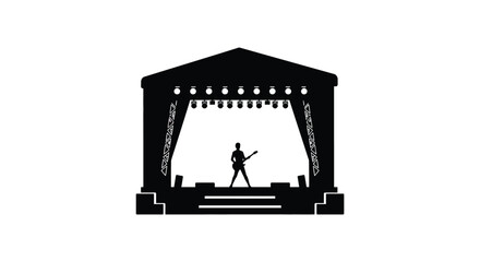 A black silhouette of a stage with a musician performing on it