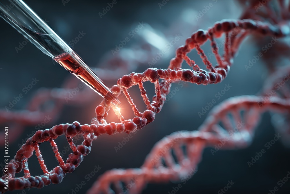 Poster exploration of genetic research with focus on biotech science illustrating precise dna manipulation 