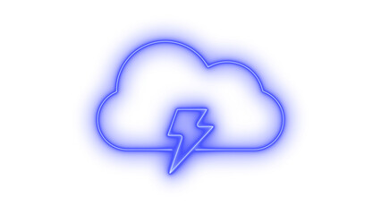 Neon glowing cloud with lightning bolt symbol representing storm weather forecast and digital atmospheric conditions, a vibrant graphic icon isolated on transparent background