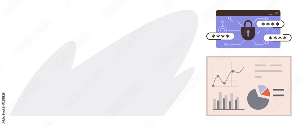 Aufkleber visual of password log-in with lock icon and analytics dashboard with graphs and pie chart. ideal fo