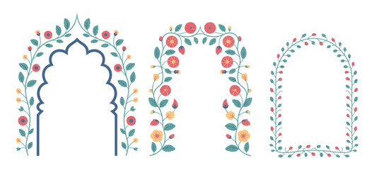 Mughal Style Ornamental Arch Featuring Vintage Intricate Floral and Foliage Motifs, Traditional Decorative Design Ideal for Cultural Art, Textile Patterns, Invitations, and Heritage Graphic Projects