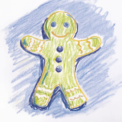 Christmas gingerbread cookie hand drawn with colored pencils, festive holiday illustration in pencil sketch style for New Year greeting cards, posters, cozy seasonal decoration and design