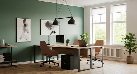 Modern office space with desk, chairs, and plants.
