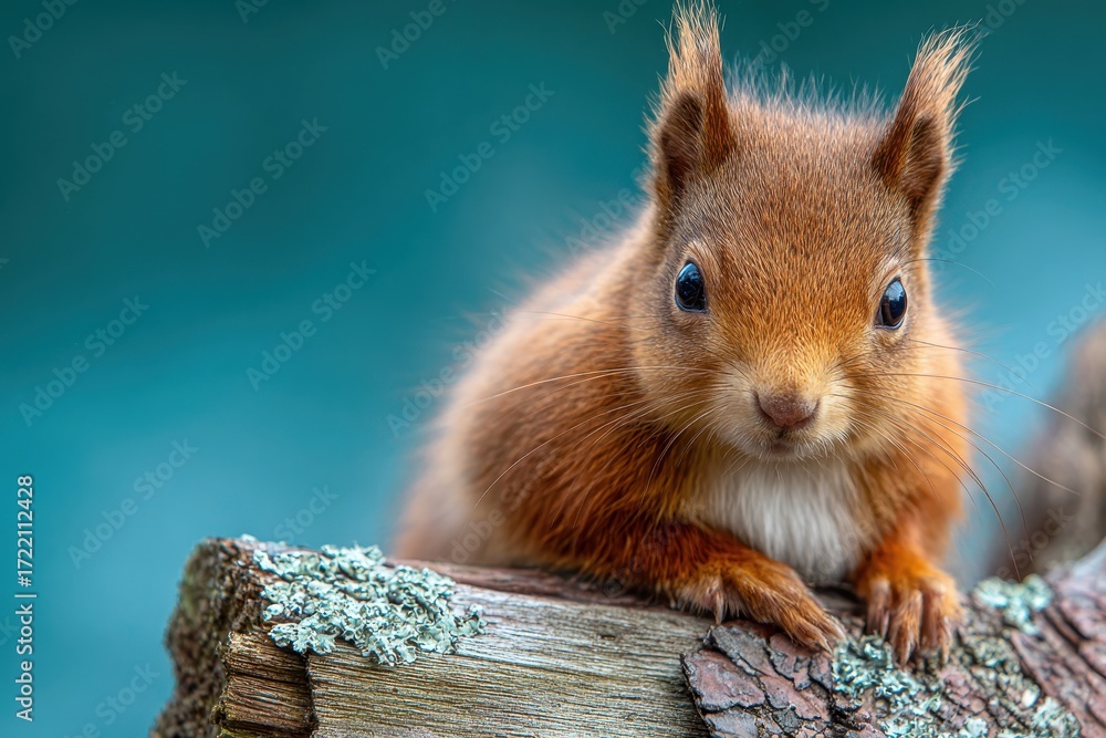 Poster red squirrel perched on a log with a blue background, showcasing its vibrant fur and inquisitive exp