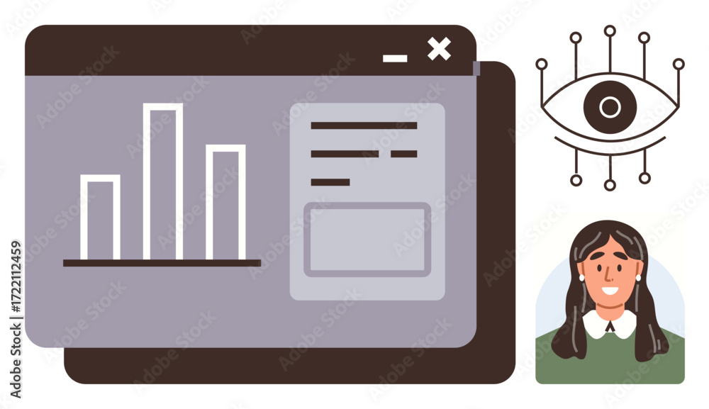 Poster bar chart on web interface, user portrait, stylized eye for data tracking. ideal for analytics, tech