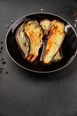 Baked eggplant grilled vegetables fresh natural product tasty snack delicious gourmet food background on the table rustic top view copy space keto and paleo diet vegan and vegan food