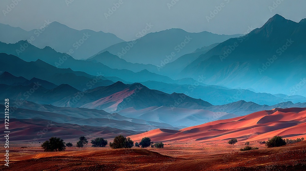 Poster a mountain range with trees in the foreground and a blue sky in the background dotted with a few clo