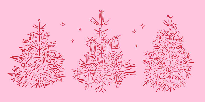 Set of Contour hand drawn Christmas trees decorated with ribbons, bows and baubles on light pink background. Decorative holiday vector design.