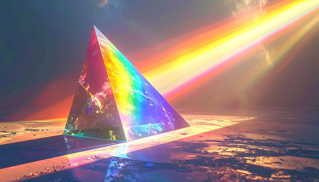 Prism refracting light on a desert-like plane