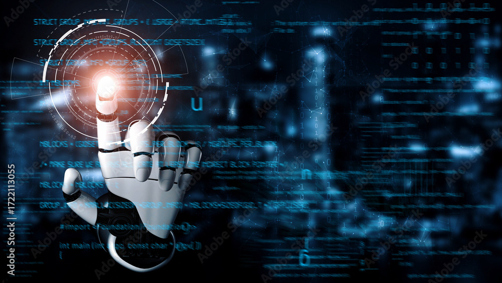 Poster a robotic hand is poised to interact with a glowing digital interface, symbolizing advancements in t