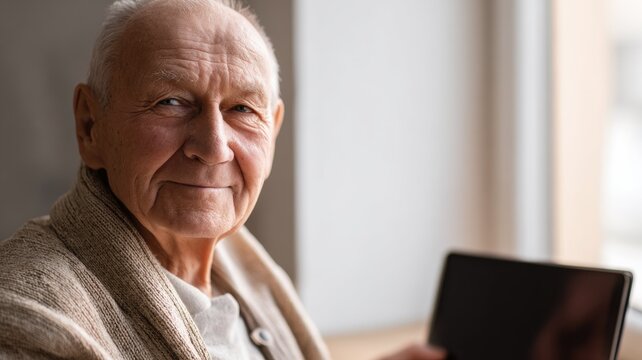 An elderly man in a light cardigan sits by a sunlit window with a tablet on his lap, showing a blank black screen.