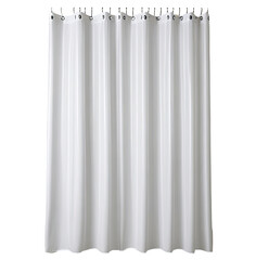 White shower curtain hanging, bathroom, studio, clean background, home decor