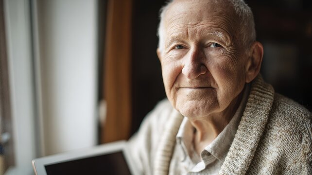 An elderly man in a light cardigan sits by a sunlit window with a tablet on his lap, showing a blank black screen. - Powered by Adobe