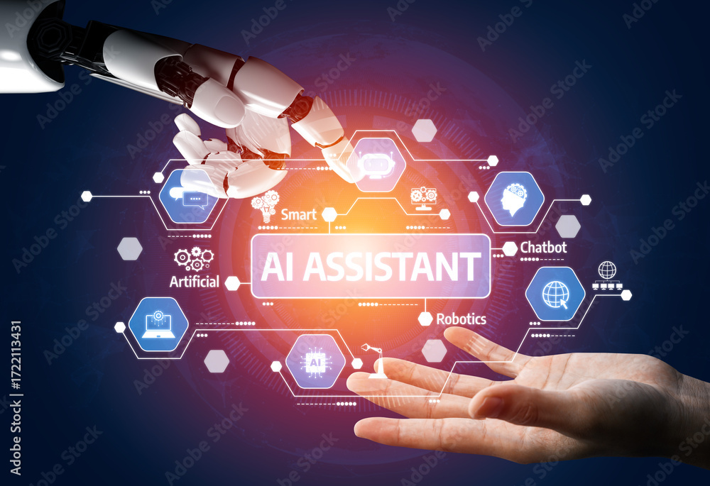 Poster visual representation of human and ai collaboration, featuring a robotic hand reaching out to a virt