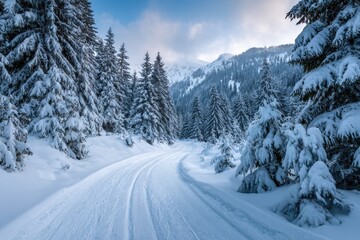 Fototapeta premium Winding crosscountry skiing trail through snow-covered woods in a serene winter landscape at dawn