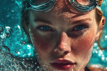 Girl wearing goggles enjoying a refreshing swim in a clear blue swimming pool during a sunny day, showcasing her excitement and determination to improve her skills