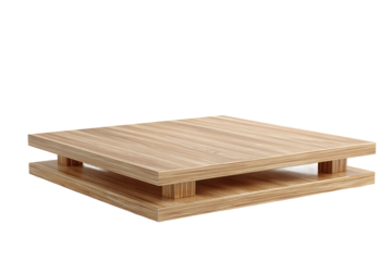 Modern light wood two-tier display stand, isolated on white transparent background