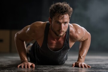 Obraz premium Young athletic man performing pushups in a dimly lit gym, showcasing strength and dedication during an intense workout session focused on fitness and well-being