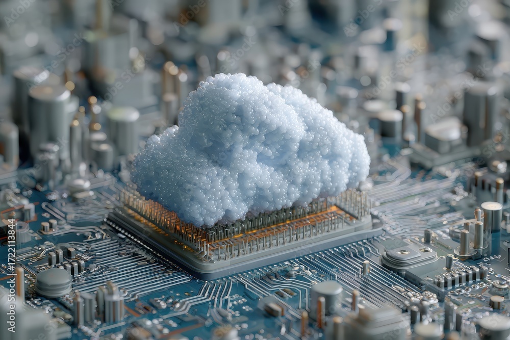 Poster blue cloud floats above intricate circuit board, showcasing a unique blend of technology and natures