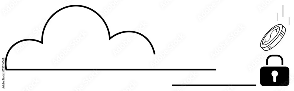 Poster cloud shape connected to padlock with coin-thumbs up data overhead, symbolizing secured cloud storag