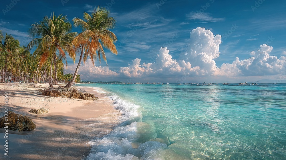 Poster a vibrant beach with swaying palms and a serene sky of azure hues and fluffy clouds overhead