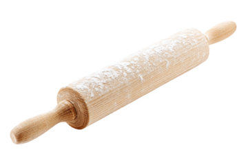 Wooden rolling pin with flour isolated on white transparent background