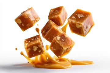 Flying caramel cubes create a delightful splash on a white background, showcasing their rich texture and glossy finish in a playful arrangement