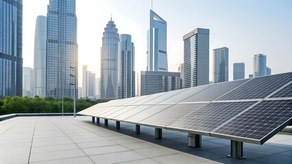 Solar Panels in Urban Environment Providing Clean Energy with Modern Skyscrapers in the Background Symbolizing Sustainability